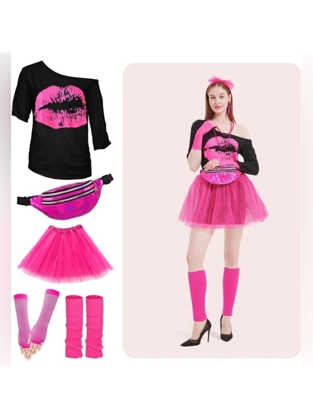 WILDPARTY 80s Outfit for Women Costume Accessories Set Pink Tutu Fanny Pack